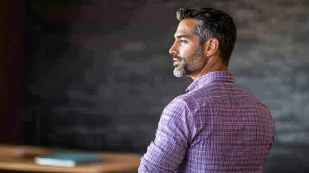 A man in a purple shirt stands with his back to the camera, looking thoughtfully into the distance. The image features soft lighting and a muted color palette, suitable for various commercial uses.の素材
