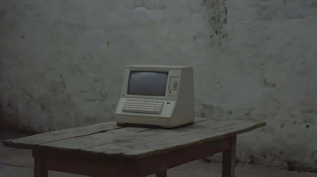Old white computer on wooden table and cement wall background, vintage styleの素材