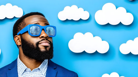 A man wearing digital sunglasses against a blue background with clouds, suitable for technology or innovation concepts.の素材