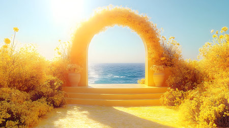 Yellow floral archway overlooking ocean, bright sunlight, vibrant colors, summery mood, ideal for wedding or event promotions.の素材