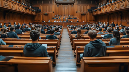 A large group of people sit in wooden pews in a hall, attending a meeting or lecture. The image shows warm lighting and a classic style.  Ideal for news, education, or corporate projects.の素材
