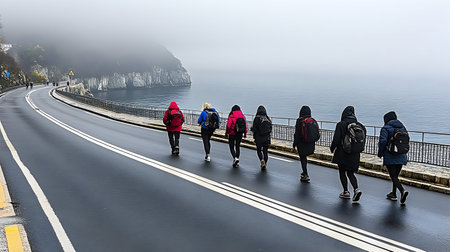 Hikers walk along a coastal road on a foggy day. The image features cool colors, textured asphalt, and a calm atmosphere. Suitable for travel or lifestyle themes.の素材