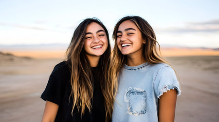 Two happy young women with long hair laughing together outdoors on a sunny day.  The image features warm lighting and natural tones. Ideal for advertising and editorial projects.の素材