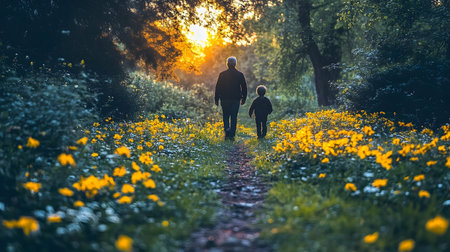 An adult and child walk along a path through a field of yellow flowers at sunset.  The image features warm lighting and has a peaceful atmosphere, suitable for various uses.の素材