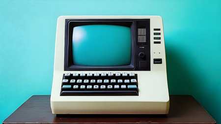Vintage computer monitor displaying a teal screen, sitting on a surface.  Image features retro technology, suitable for nostalgic or technological themes.の素材