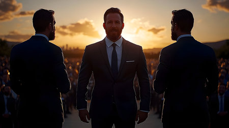 Three figures stand against a bright, blurry background, creating a mysterious and dramatic image.  Silhouettes, dark clothing, symbolic, versatile for various uses.の素材