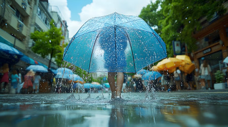 A blurred city street scene with a tall building, featuring cool colors and a daytime setting. Ideal for travel, urban life, or city backgrounds.の素材