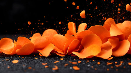 Chopped orange vegetables, close-up view, showing texture and color variations, suitable for food blogs or recipe websites.の素材