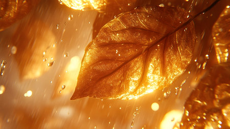 Golden leaf with water drops, illuminated, creating a warm, textured image.  Suitable for nature, luxury, or wellness themes.の素材