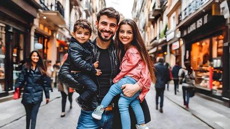 Urban city scene, people interact, vibrant colors, street style clothing, lifestyle image, potential for commercial useの素材