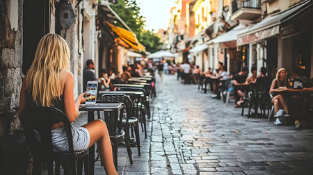 Urban street scene with people, vivid colors, warm lighting,  outdoor setting, commercial use, photo backgroundの素材