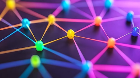 Abstract network, colorful nodes and connections, vibrant hues, digital art, ideal for technology or communication visualsの素材