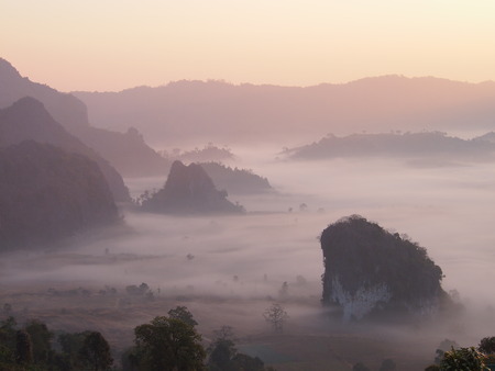 Morning mist and moutain At Phu Lang Ka, Phayao, Thailandの写真素材