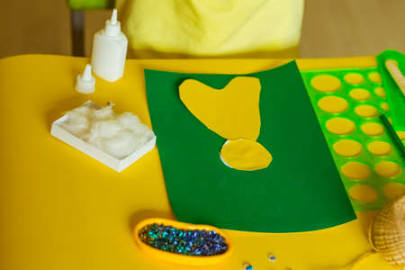step by step instructions, colored paper application, Easter bunny, made by children's hands