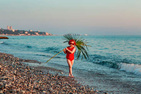 a little girl in a red swimsuit and sunglasses, walking on the beach with a palm branch in her handsの写真素材
