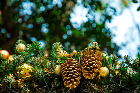 Beautiful,shiny,festive toys on the Christmas tree on New Year's Eve,close-up