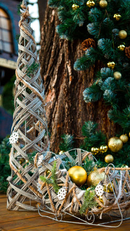 Creative decoration with Christmas toys,a fabulous reindeer with a team,handmade on the streets of the cityの写真素材