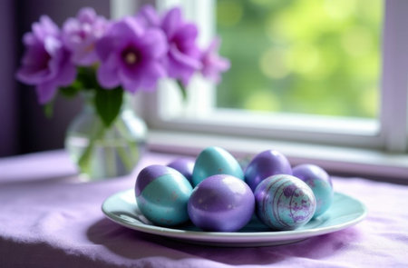 Multicolored,painted eggs,on a plate, purple flowers in a vase in the back,for Easterの写真素材