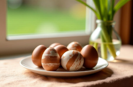 Painted eggs on a plate, flowers in a vase at the back, on the background of a window with sunlightの写真素材