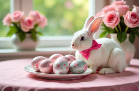 Colored painted eggs for Easter are on a plate, and a rabbit is sitting next to it, against the background of the window. the image was created using AIの写真素材