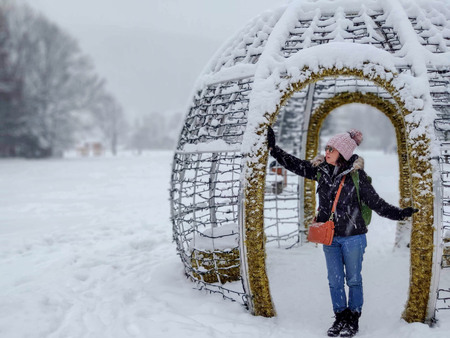 Portrait beautiful asian woman enjoy with snow winter season in Polandの写真素材