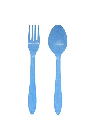 Blue enamel spoon and fork isolated on white backgroundの写真素材
