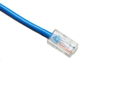 Twisted pair (patch cord) blue network Internet cable isolated over white background