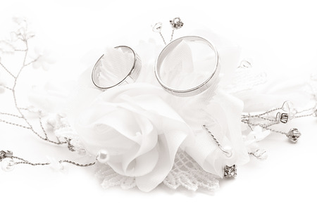 Wedding rings on wedding card on a white backgroundの写真素材