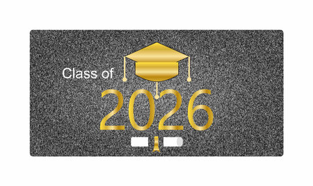 This festive graduation graphic features golden text and a mortarboard cap on a shimmering dark...