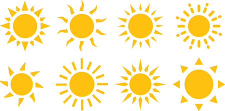 .Set of Sun vector icon yellow. Group Sun shine ray. Collection Sunshine and sunlight sign. Sunset icon. Abstract art.のイラスト素材