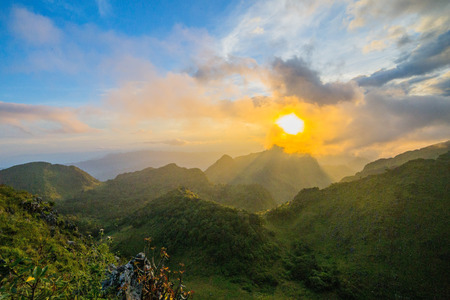 morning light over the forest and Mountain, Shallow depth of fieldの写真素材