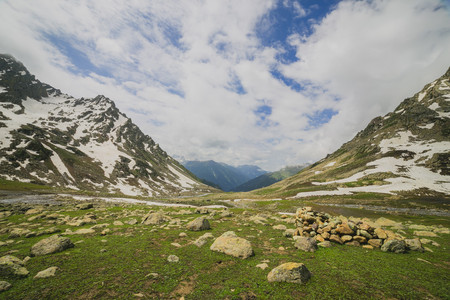 Rocky Mountains and green Field in Jammu and Kashmirの写真素材