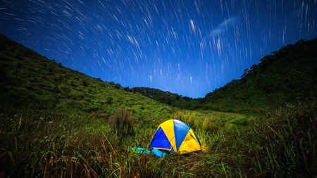Wide field long exposure photo of Star Trailの写真素材