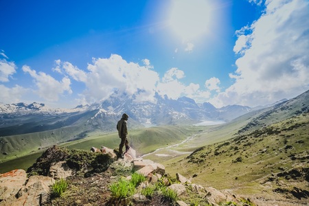 Hiking stop to look out to viewの写真素材