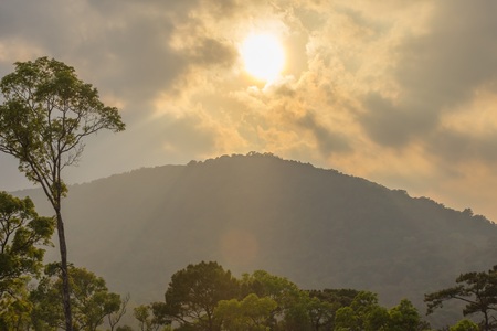 sunset behind mountains with Tropical rain forestの写真素材