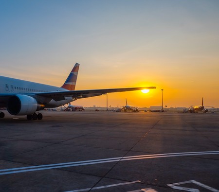 Airplane at sunset - back litのeditorial素材