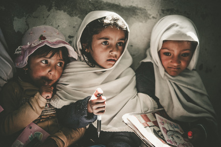 Children in a village in the south of Skardu are learning in the classroom of the village schoolのeditorial素材