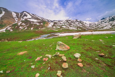 mountains and Indus river of ladakh, green valley sccenary, Jammu and Kashmir, Indiaの写真素材