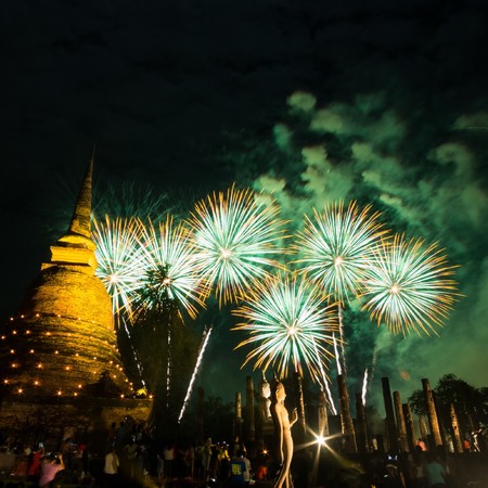 Fireworks with Loykrathong Festival, Historical Park Sukhothai, Thailandの写真素材