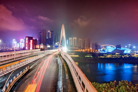 Chongqing, China nighttime cityscape in the Jiefangbei District.のeditorial素材