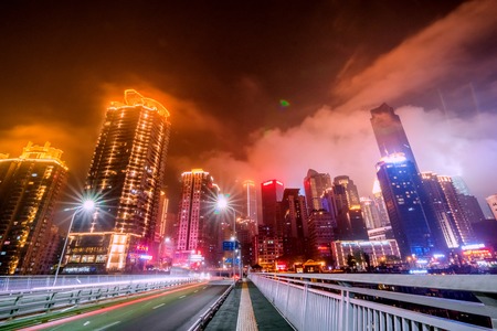 Chongqing, China nighttime cityscape in the Jiefangbei District.のeditorial素材