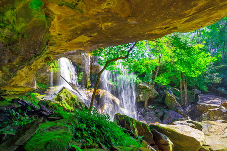 View from behind a tranquil waterfallの写真素材