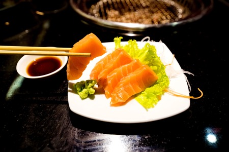 Sashimi salmon on plateの写真素材
