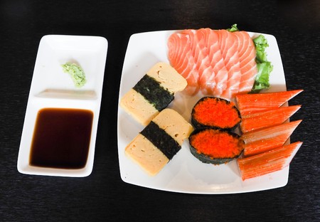 sliced raw salmon, salmon sashimiの写真素材