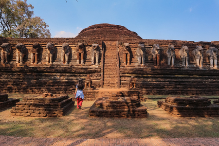 Old Elephant statue in Wat Chang Rop in the Kamphaeng Phet Historical Park, Thailand.の写真素材