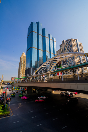 Bangkok, Thailand - April 20, 2017: cityscape of modern office building & bridge at Chong Nonsi station of bts sky train mass transit system in Bangkok, Thailand on April 20, 2017.のeditorial素材