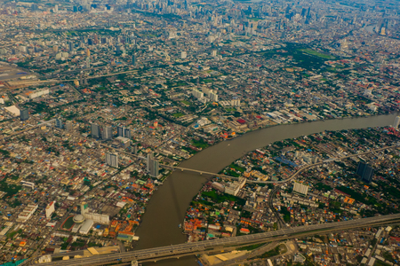 Aerial view of Bangkok city and Chao Phraya river, Thailandの写真素材