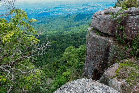 beautiful stone cliff at sunset with forest and mountain backgroundの写真素材