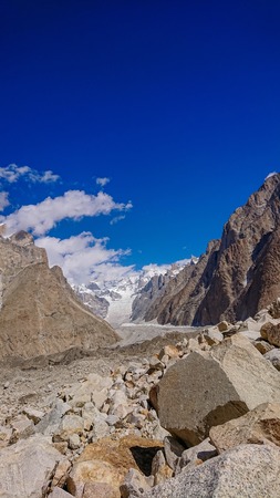 Landscape of K2 trekking trail in Karakoram range, Trekking along in the Karakorum Mountains in Northern Pakistanの写真素材