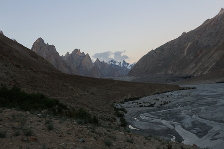 Landscape of K2 trekking trail in Karakoram range, Trekking along the Braldu River in the Karakorum Mountains in Northern Pakistanの写真素材
